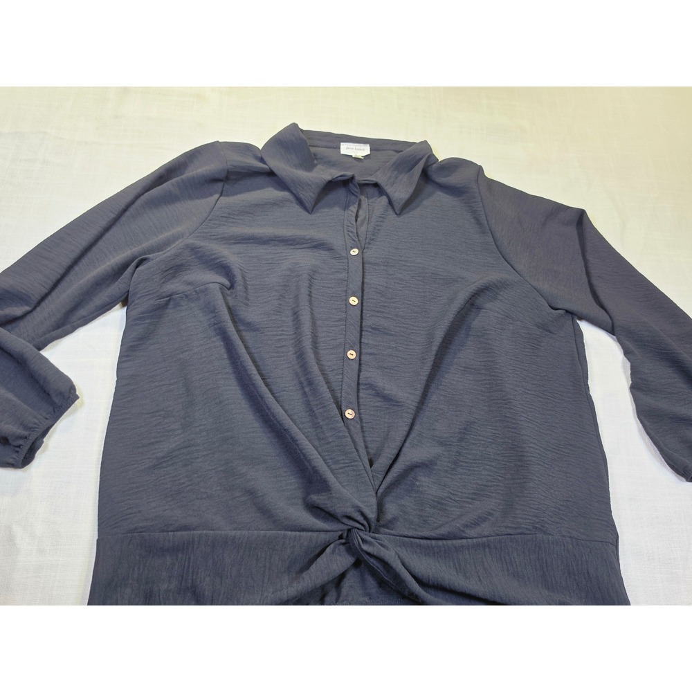 Free Kisses Romantic Charcoal Gray Twist Front Long Sleeve Button Down Blouse 2X